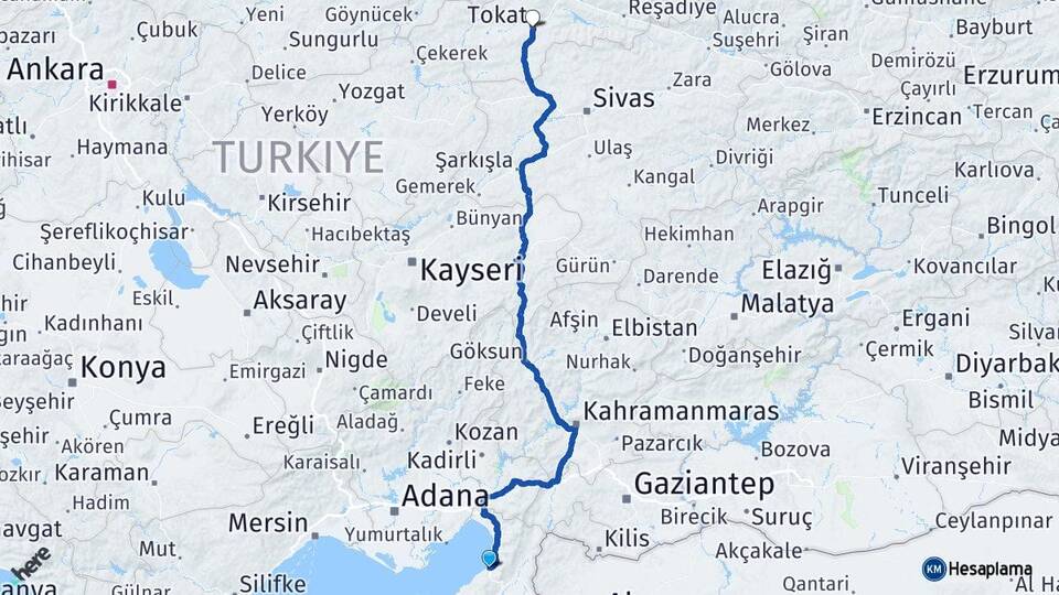 Hatay İskenderun Tokat Arası Kaç Km - Yol Haritası