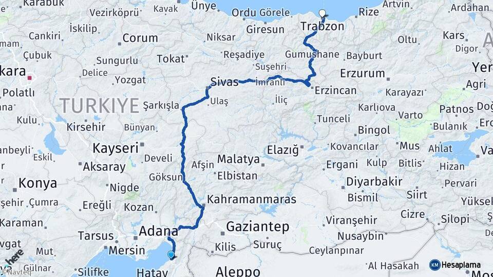 Hatay İskenderun Trabzon Arası Kaç Km - Yol Haritası