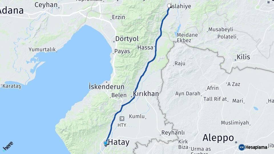 Hatay İslahiye Gaziantep Arası Kaç Km - Yol Haritası