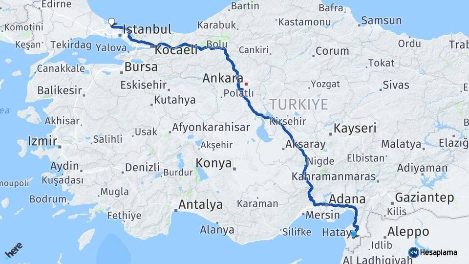 Hatay İstanbul Havalimanı Arası Kaç Km - Yol Haritası