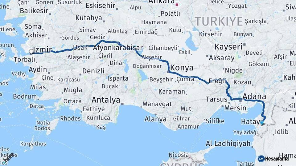 Hatay İzmir Arası Kaç Km - Yol Haritası