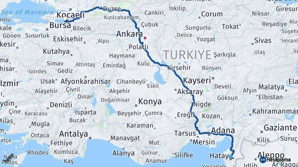 Hatay İznik Bursa Arası Kaç Km - Yol Haritası
