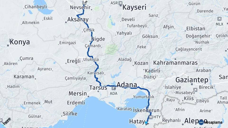Hatay Kapadokya Havalimanı Arası Kaç Km - Yol Haritası