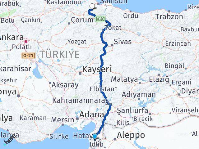 Hatay Kavak Samsun Arası Kaç Km - Yol Haritası