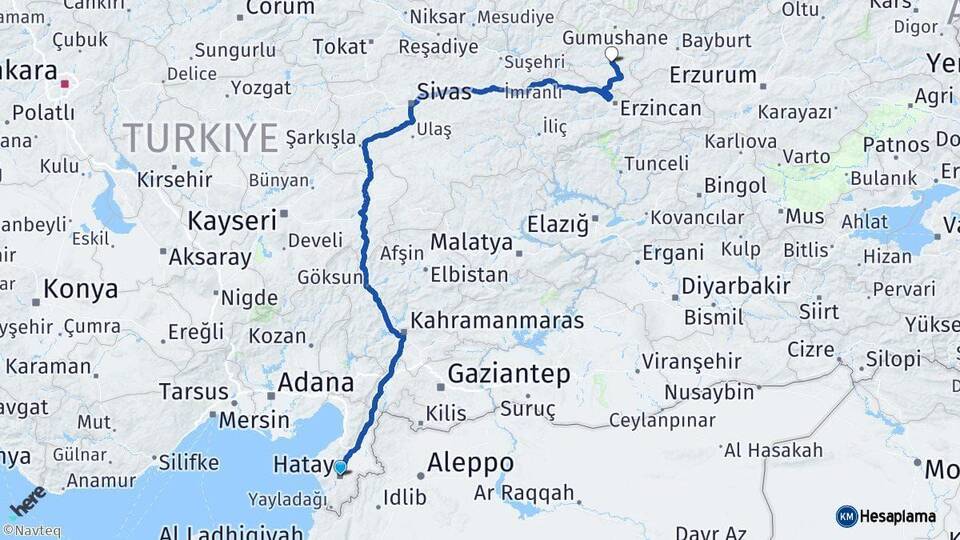 Hatay Kelkit Gümüşhane Arası Kaç Km - Yol Haritası