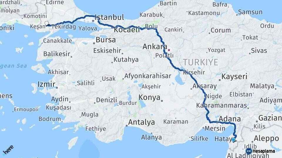 Hatay Keşan Edirne Arası Kaç Km - Yol Haritası