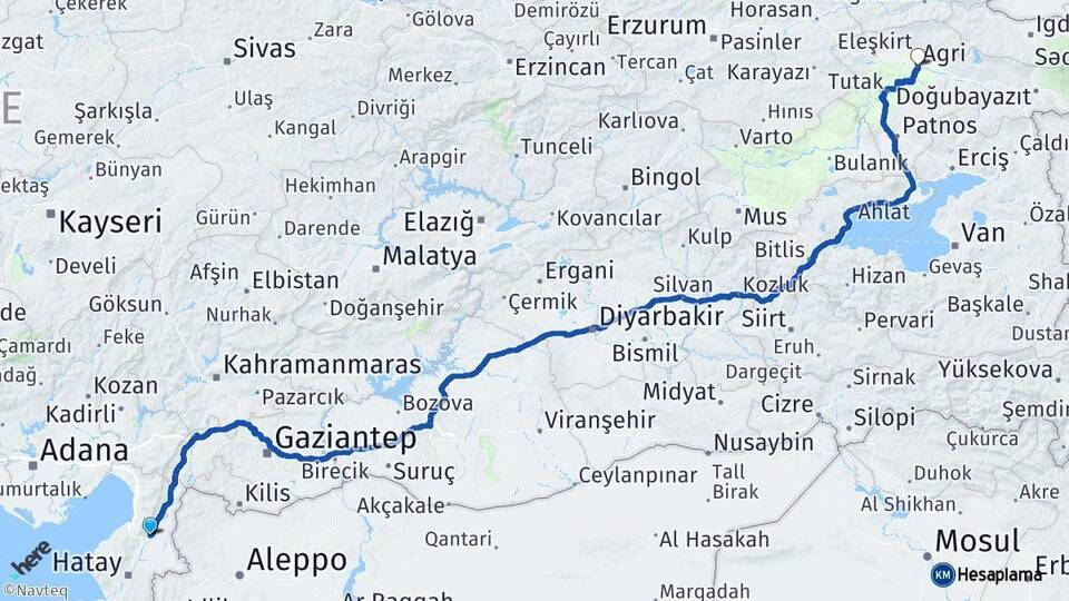 Hatay Kırıkhan Ağrı Arası Kaç Km - Yol Haritası