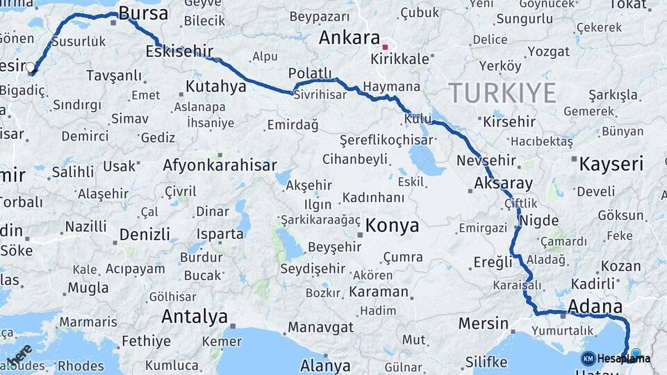 Hatay Kırıkhan Balıkesir Arası Kaç Km - Yol Haritası
