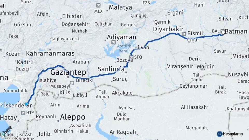 Hatay Kırıkhan Batman Arası Kaç Km - Yol Haritası