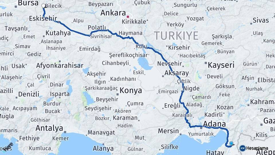 Hatay Kırıkhan Bilecik Arası Kaç Km - Yol Haritası