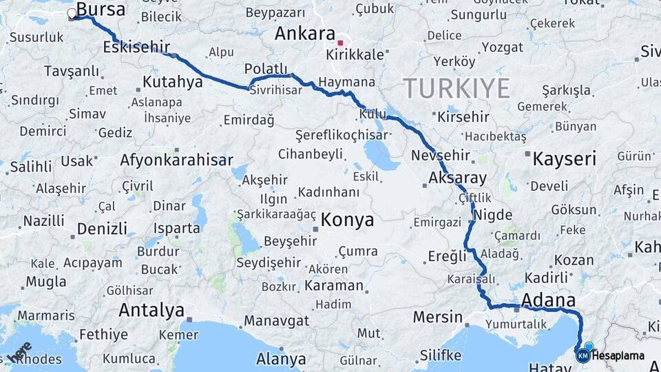 Hatay Kırıkhan Bursa Arası Kaç Km - Yol Haritası