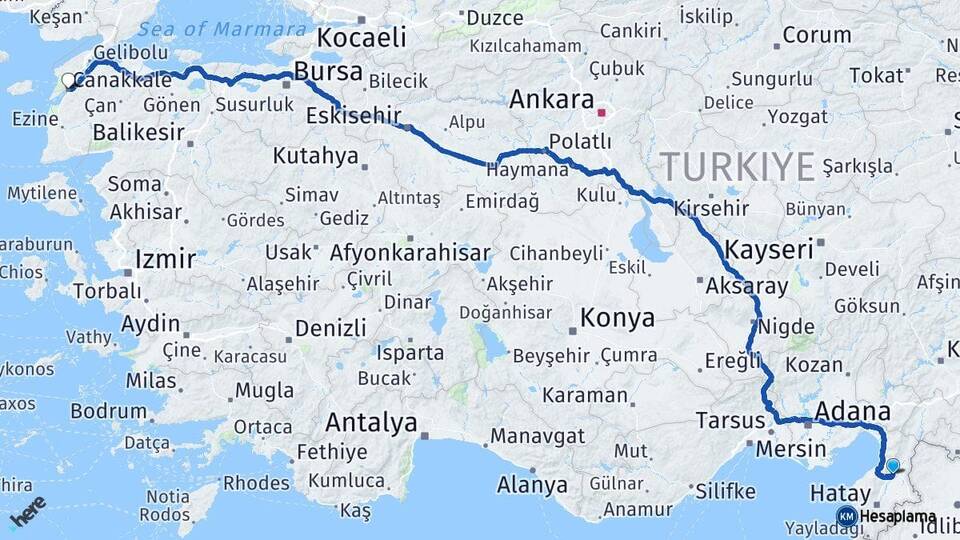 Hatay Kırıkhan Çanakkale Arası Kaç Km - Yol Haritası
