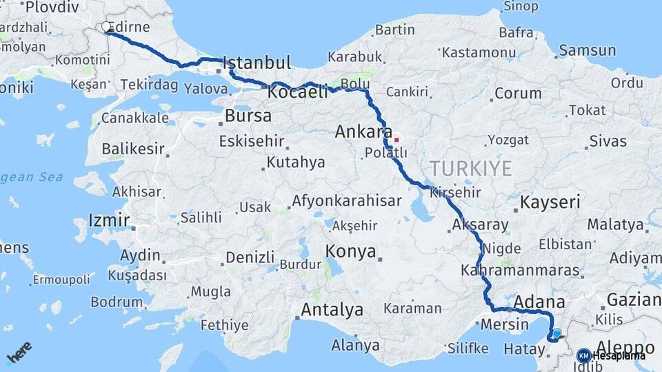 Hatay Kırıkhan Edirne Arası Kaç Km - Yol Haritası