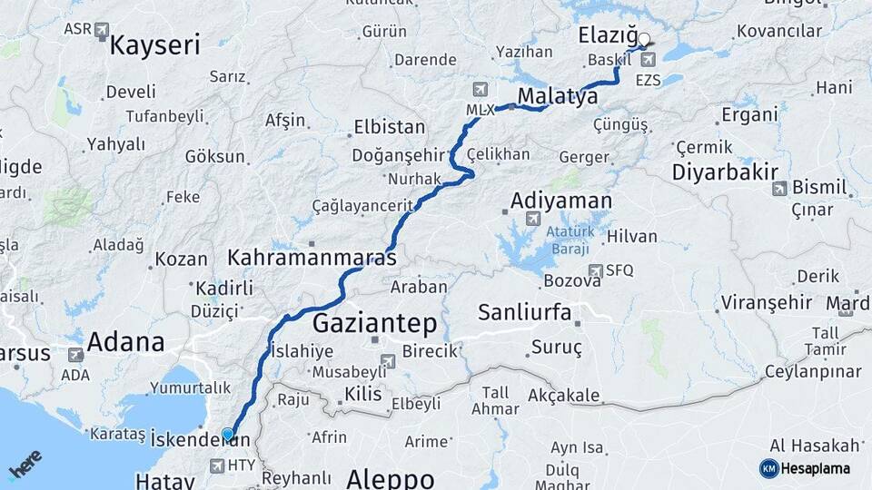 Hatay Kırıkhan Elazığ Arası Kaç Km - Yol Haritası