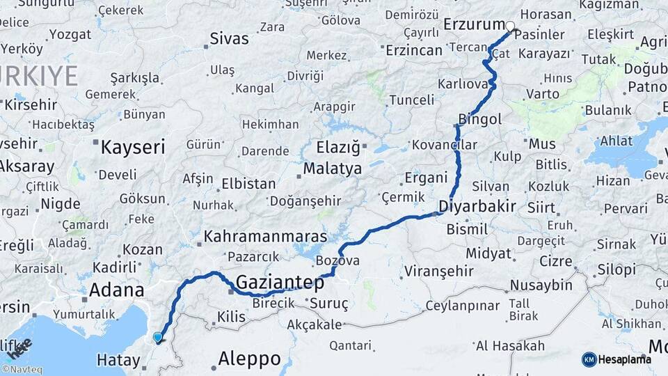 Hatay Kırıkhan Erzurum Arası Kaç Km - Yol Haritası
