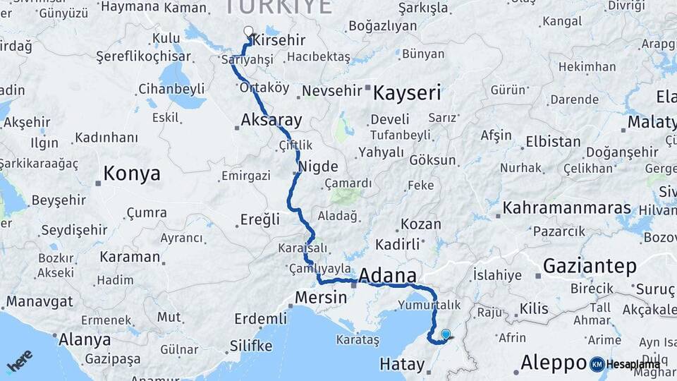 Hatay Kırıkhan Kırşehir Arası Kaç Km - Yol Haritası