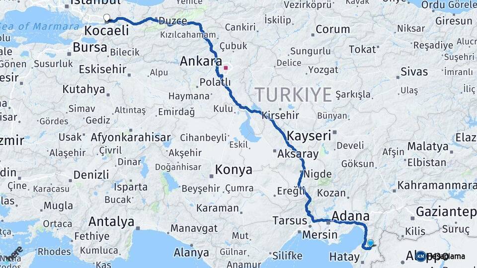 Hatay Kırıkhan Kocaeli Arası Kaç Km - Yol Haritası