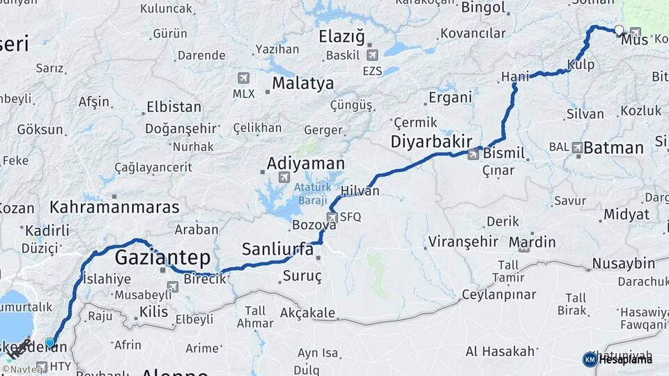 Hatay Kırıkhan Muş Arası Kaç Km - Yol Haritası