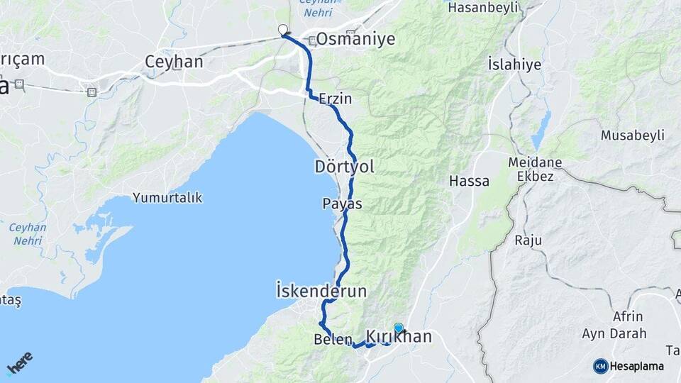 Hatay Kırıkhan Mustafabeyli Ceyhan Adana Arası Kaç Km - Yol Haritası
