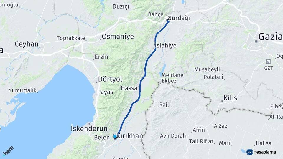 Hatay Kırıkhan Nurdağı Gaziantep Arası Kaç Km - Yol Haritası