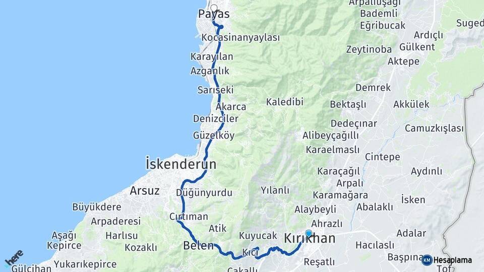Hatay Kırıkhan Payas Arası Kaç Km - Yol Haritası