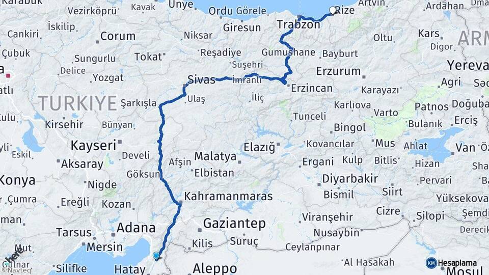 Hatay Kırıkhan Rize Arası Kaç Km - Yol Haritası