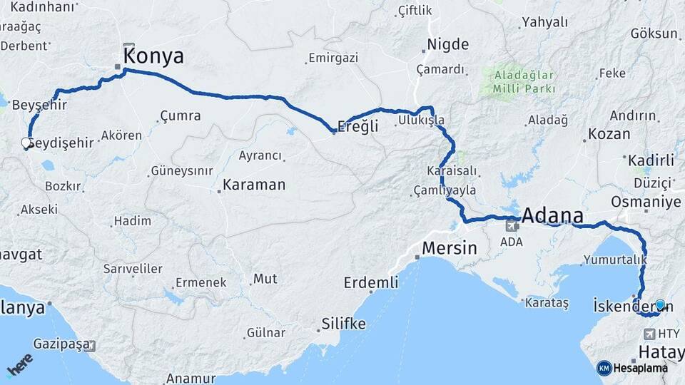Hatay Kırıkhan Seydişehir Konya Arası Kaç Km - Yol Haritası