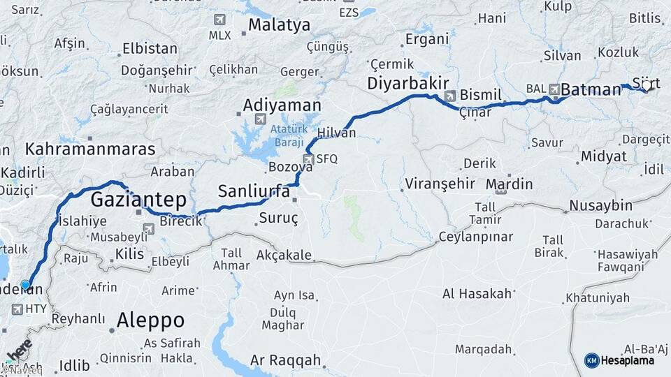 Hatay Kırıkhan Siirt Arası Kaç Km - Yol Haritası