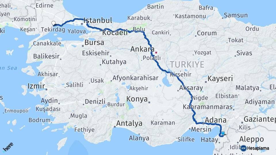 Hatay Kırıkhan Tekirdağ Arası Kaç Km - Yol Haritası