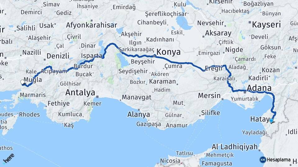 Hatay Kötekli Menteşe Muğla Arası Kaç Km - Yol Haritası