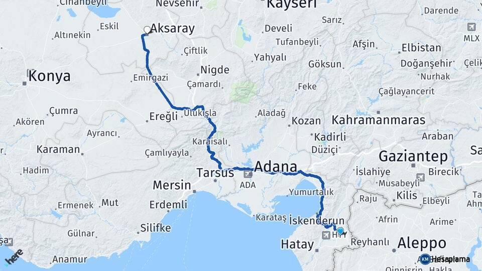 Hatay Kumlu Aksaray Arası Kaç Km - Yol Haritası