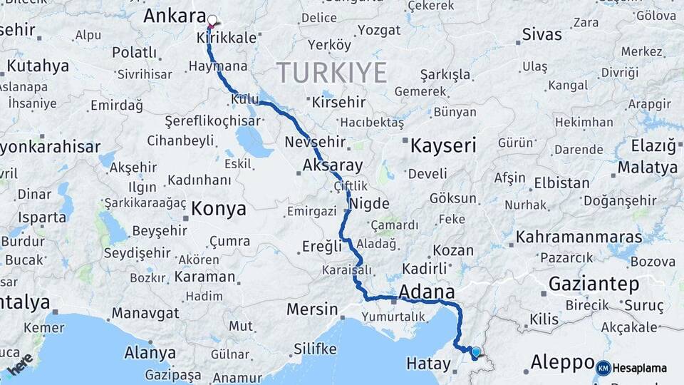 Hatay Kumlu Ankara Arası Kaç Km - Yol Haritası