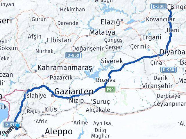 Hatay Kumlu Bingöl Arası Kaç Km - Yol Haritası