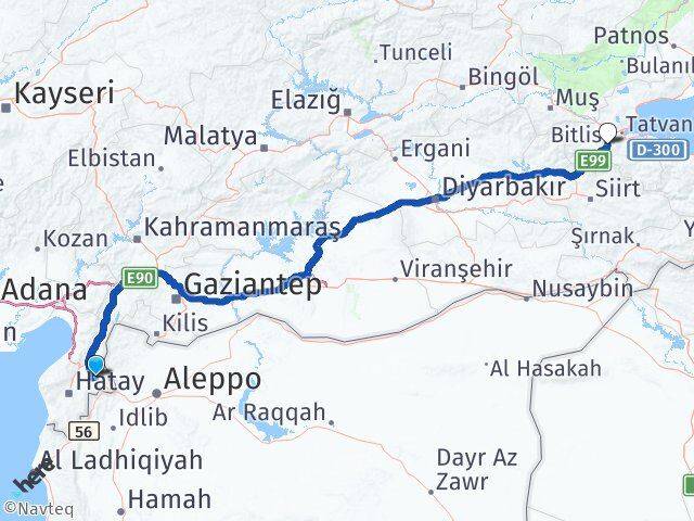 Hatay Kumlu Bitlis Arası Kaç Km - Yol Haritası