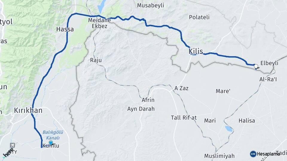 Hatay Kumlu Çıldıroba Elbeyli Kilis Arası Kaç Km - Yol Haritası