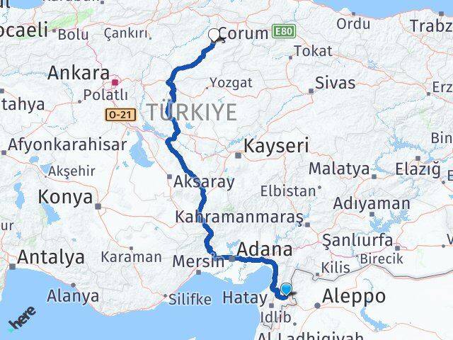 Hatay Kumlu Çorum Arası Kaç Km - Yol Haritası