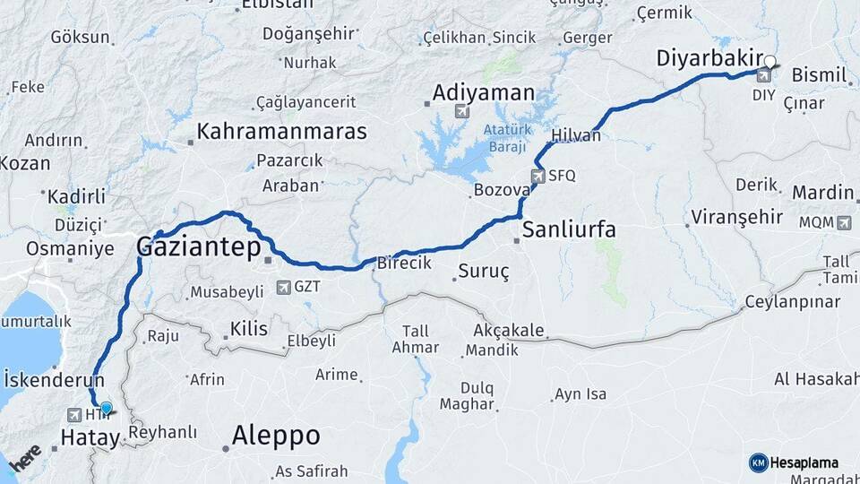 Hatay Kumlu Diyarbakır Arası Kaç Km - Yol Haritası
