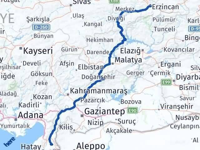 Hatay Kumlu Erzincan Arası Kaç Km - Yol Haritası