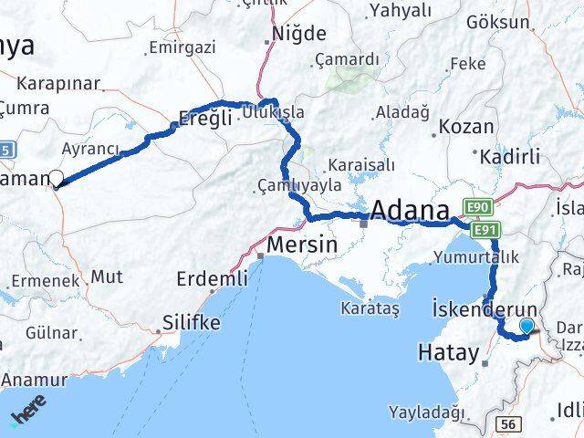 Hatay Kumlu Karaman Arası Kaç Km - Yol Haritası