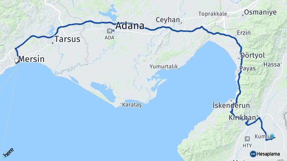 Hatay Kumlu Mersin Arası Kaç Km - Yol Haritası