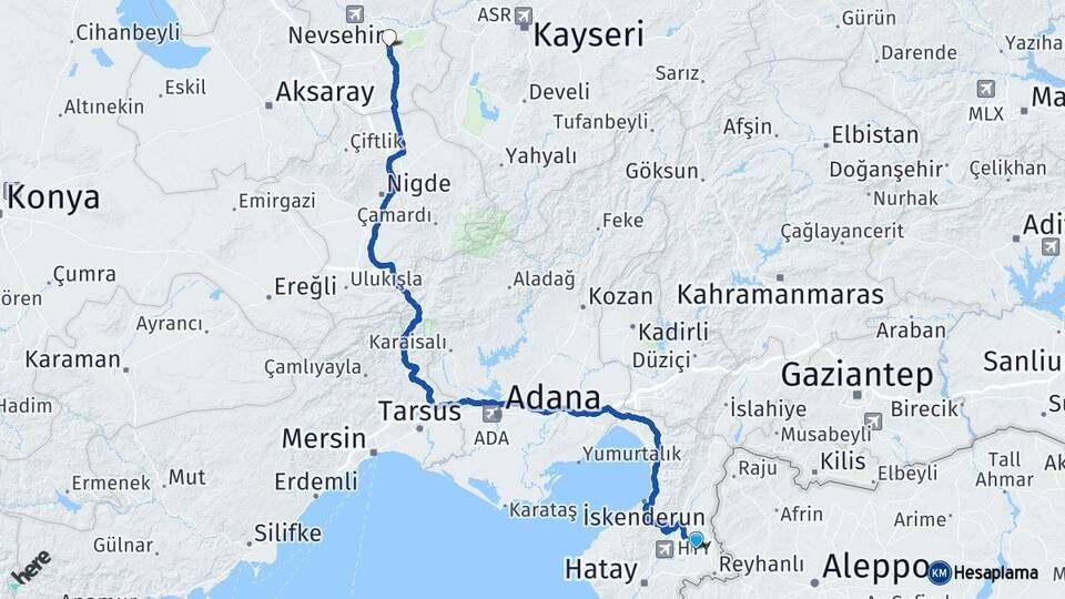 Hatay Kumlu Nevşehir Arası Kaç Km - Yol Haritası
