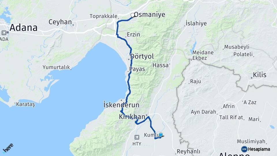Hatay Kumlu Osmaniye Arası Kaç Km - Yol Haritası