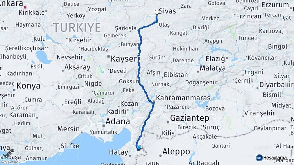 Hatay Kumlu Sivas Arası Kaç Km - Yol Haritası