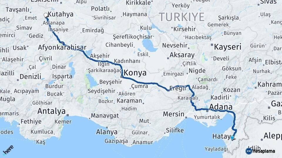 Hatay Kütahya Arası Kaç Km - Yol Haritası