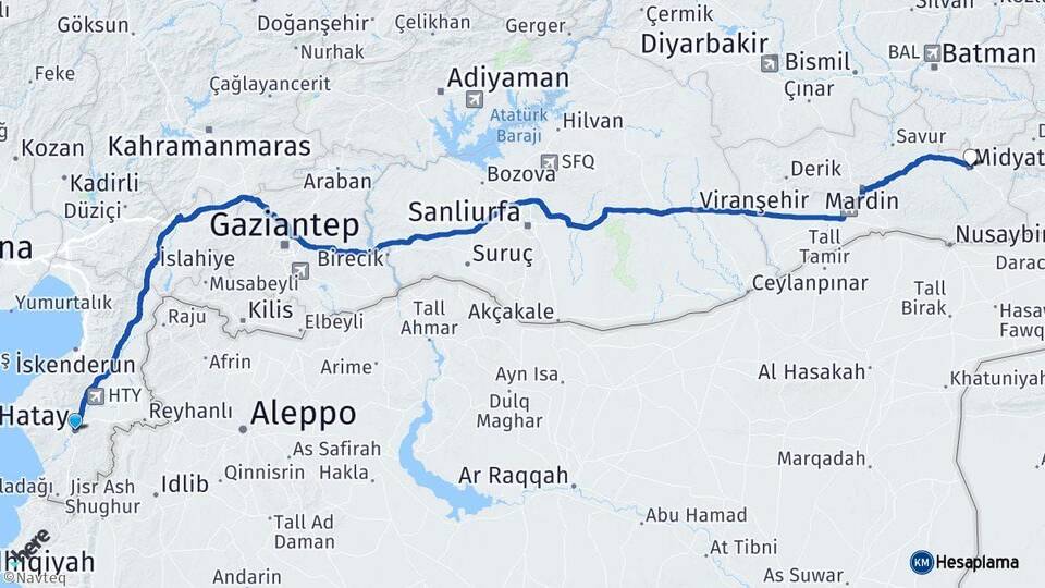 Hatay Midyat Mardin Arası Kaç Km - Yol Haritası