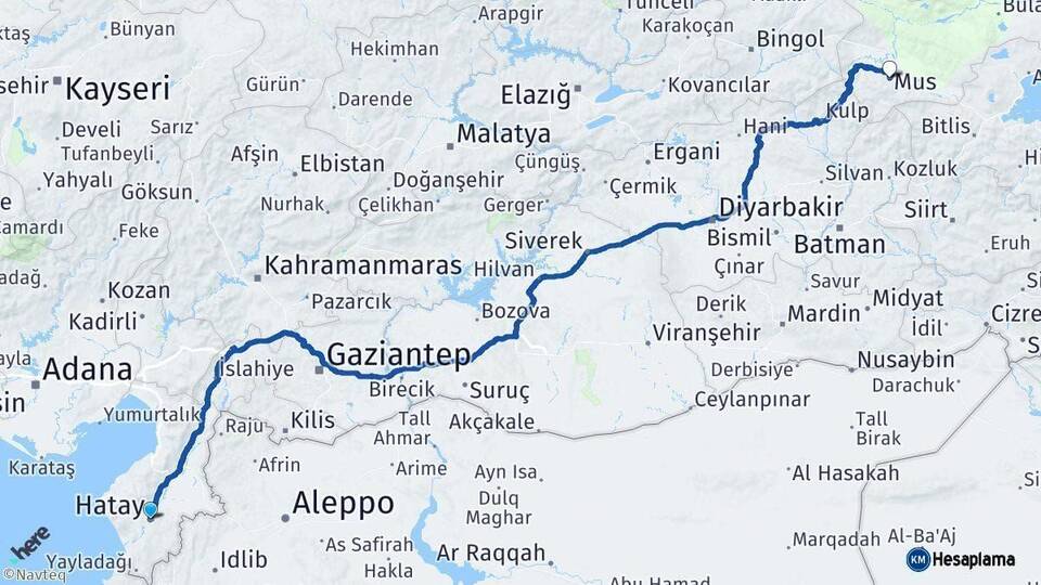 Hatay Muş Arası Kaç Km - Yol Haritası