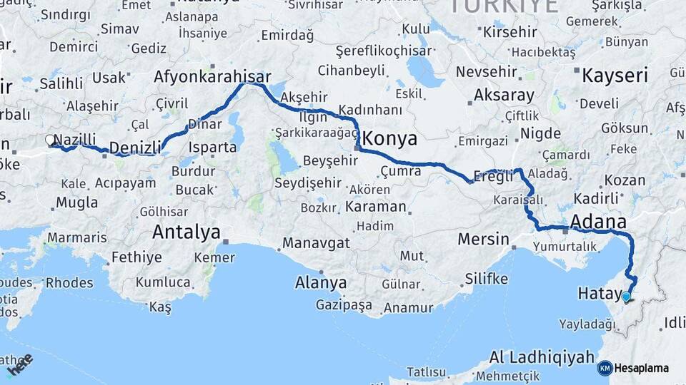 Hatay Nazilli Aydın Arası Kaç Km - Yol Haritası