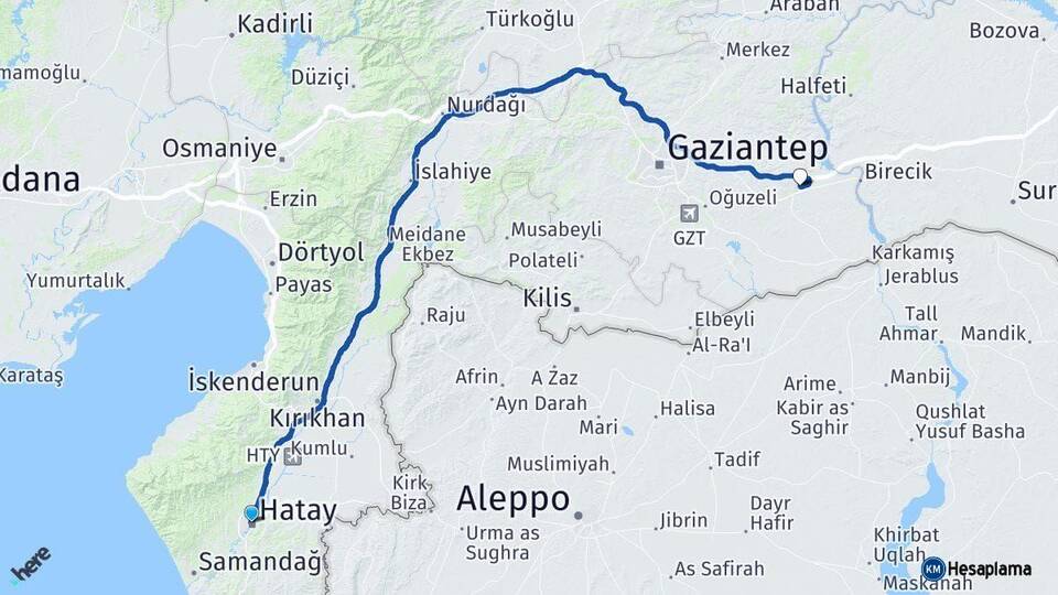 Hatay Nizip Gaziantep Arası Kaç Km - Yol Haritası