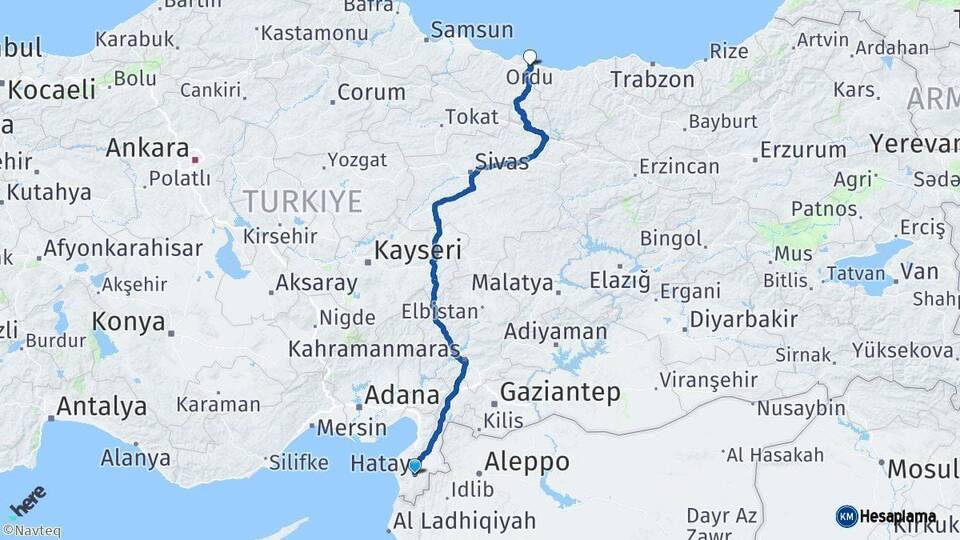 Hatay Ordu Arası Kaç Km - Yol Haritası