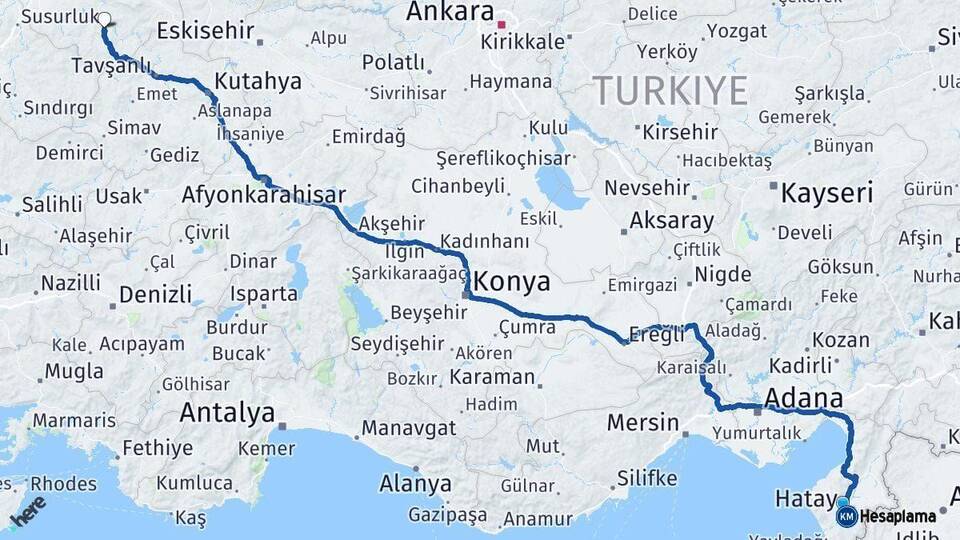 Hatay Orhaneli Bursa Arası Kaç Km - Yol Haritası